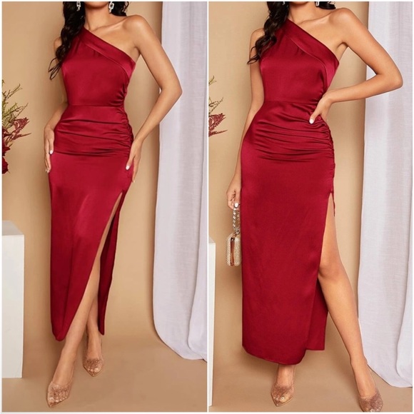 Luxe one shoulder slit thigh party formal evening satin dress